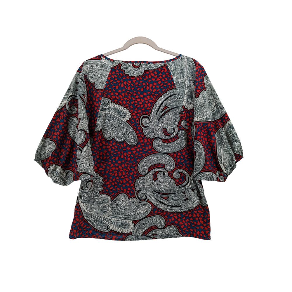 Glam Printed Blouse Small Red Blue Paisley Short Puff Sleeve Colorful Office Top - Picture 4 of 9